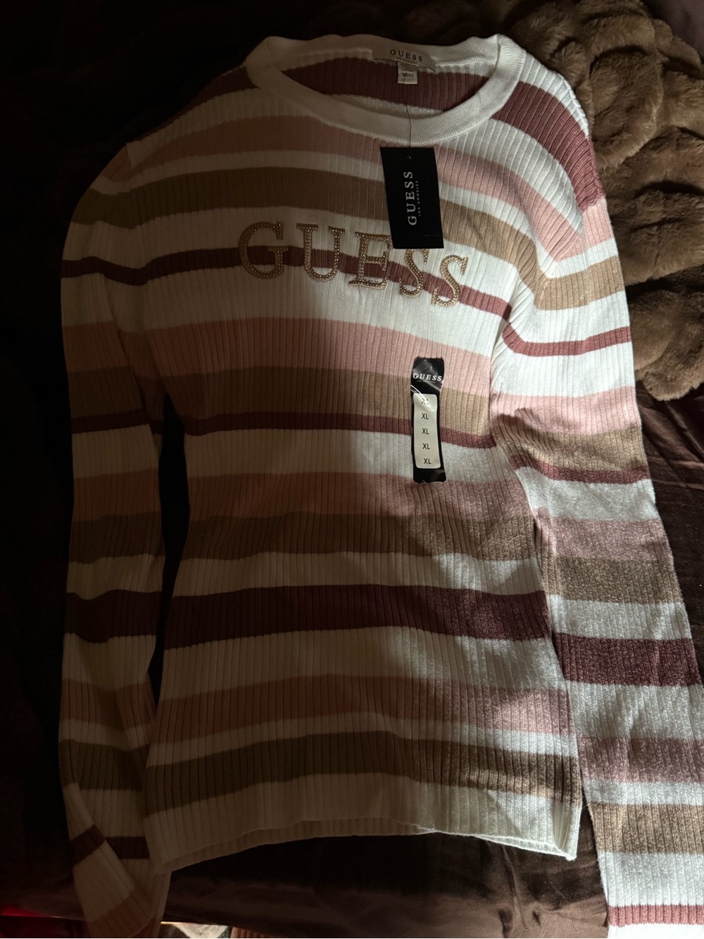 GUESS Ribbed Stripe Knit Top in Pink, Cream & Brown